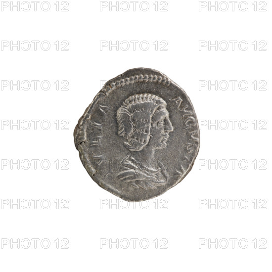 denarius, Julia Domna (ca. 160–217; Roman empress 193–211), Roman Empire; Julia Domna — iconography; Hilaritas (personification) standing with a palm and a cornucopia; Obv.: IVLIA AVGVSTA — bust of Julia right, pearl border. Rev.: HILARITAS — Hilaritas stands straight ahead with her head turned left; in her right hand a palm leaf resting on the ground, in her left hand a cornucopia; on either side small naked figures stretching out their hands to her; pearl rim. Date: 198–209. Place: Rome. Object type: coin (denarius). Diameter: 17.5–18.0 mm. Weight: 3.45 g.