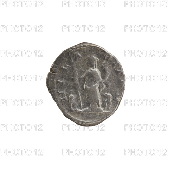 Denarius, Julia Domna (ca. 160–217; Roman empress 193–211). Obverse: IVLIA AVGVSTA — Bust of Julia right, pearl border. Reverse: HILARITAS — Hilaritas stands facing, head turned left; right hand holds a palm leaf resting on the ground, left hand holds a cornucopia; on either side are small naked figures stretching out their hands to her, pearl rim. Date: 198–209. Roman Empire (27 BC–476), Rome. Coin; diameter 17.5–18.0 mm; weight 3.45 g.