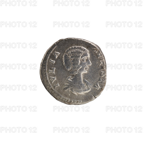 Denarius, Julia Domna (ca. 160–217; Roman empress 193–211). Obverse: IVLIA AVGVSTA — bust of Julia facing right, pearl border. Reverse: HILARITAS — Hilaritas standing left, holding a palm leaf in her right hand (resting on the ground) and a cornucopia in her left; on both sides are small naked figures stretching out their hands to her; trace of an added handle in the upper field; pearl border. Date: 198–209. Roman Empire (27 BC–476). Coin. Diameter 17.5–18.0 mm; weight 3.55 g.