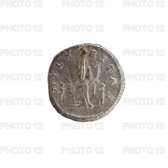 Denarius, Julia Domna (ca. 160–217; Roman empress 193–211). Roman Empire, ca. 198–209. Obverse: IVLIA AVGVSTA — bust of Julia facing right, pearl border. Reverse: HILARITAS — Hilaritas standing left, right hand holding a palm leaf resting on the ground, left hand holding a cornucopia; on both sides small naked figures stretching out their hands to her; trace of an added handle in upper field, pearl border. Coin; diameter 17.5–18.0 mm; weight 3.55 g.