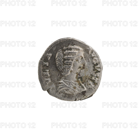 denarius, Julia Domna (ca. 160–217; Roman empress 193–211). Obv.: IVLIA AVGVSTA — Bust of Julia facing right, pearl border. Rev.: SAECVLI FELICITAS — Isis stands facing right, holding the infant Horus in her right hand whom she feeds; her left leg rests on the prow of a ship; at her feet on the left an altar and a rudder; pearl border. Date: 198–209. Roman Empire (27 BC–476), Rome. Coin: diameter 18.0 mm, weight 2.74 g.