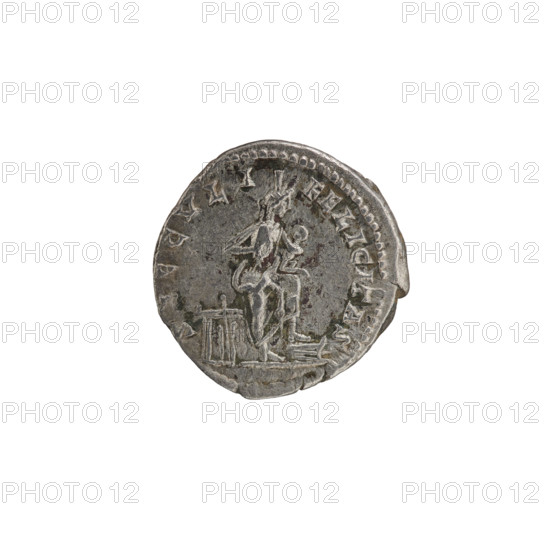 Denarius, Julia Domna (ca. 160–217; Roman empress 193–211), Roman Empire. Obverse: IVLIA AVGVSTA — bust of Julia facing right, pearl border. Reverse: SAECVLI FELICITAS — Isis stands facing right, holding the infant Horus in her right hand as she feeds him, her left leg resting on the prow of a ship; at her feet on the left an altar and a rudder, pearl border. Date: 198–209. Rome. Coin: diameter 18.0 mm, weight 2.74 g.