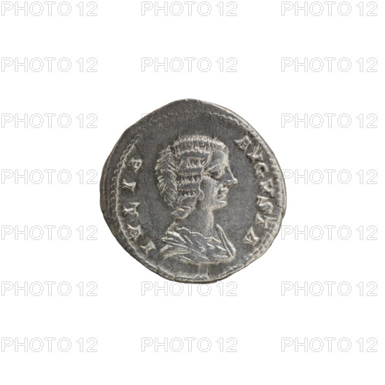 denarius, Julia Domna (ca. 160–217; Roman empress 193–211), Roman Empire. Obv.: IVLIA AVGVSTA Bust of Julia facing right, pearl border. Rev.: SAECVLI FELICITAS Isis stands facing right, holding the infant Horus in her right hand, whom she feeds; her left leg rests on the prow of a ship; at her feet on the left an altar and a rudder, pearl border. Date: 198–209. Material: coin (denarius). Diameter: 17.5–18.5 mm. Weight: 3.35 g.