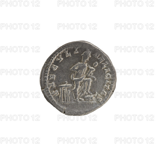 denarius, Julia Domna (ca. 160–217; Roman empress 193–211). Obv.: IVLIA AVGVSTA — Bust of Julia facing right, pearl border. Rev.: SAECVLI FELICITAS — Isis stands facing right, holding the infant Horus in her right hand whom she feeds; her left leg rests on the prow of a ship; at her feet on the left an altar and a rudder, pearl border. Date: 198–209. Culture: Roman Empire (27 BC–476). Place: Rome. Object type: coin (denarius). Diameter: 17.5–18.5 mm. Weight: 3.35 g.