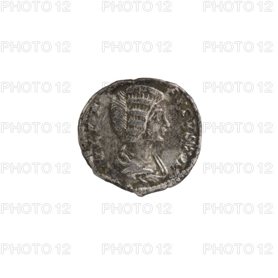 Denarius of Julia Domna (ca. 160–217; Roman empress 193–211), Roman Empire. Obv.: IVLIA AVGVSTA — bust of Julia facing right, pearl rim. Rev.: SAEC, FE, CITAS — Isis stands facing right, holding the infant Horus in her right hand as she feeds him, her left leg resting on the prow of a ship; at her feet on the left an altar and a rudder; pearl rim. Date: 198–209. Material: coin. Diameter: 16.5–17.5 mm. Weight: 3.10 g.