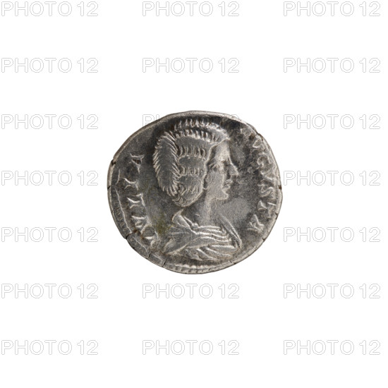 denarius, Julia Domna (ca. 160–217; Roman empress 193–211), Roman Empire — Obv.: IVLIA AVGVSTA Bust of Julia facing right, pearl border. Rev.: SAECVLI FELICITAS Isis standing right, holding the infant Horus in her right hand whom she feeds, her left leg resting on the prow of a ship; at her feet an altar and a rudder, pearl border. Date: 198–209. Material: coin (denarius). Diameter: 17.5–18.0 mm. Weight: 2.90 g.