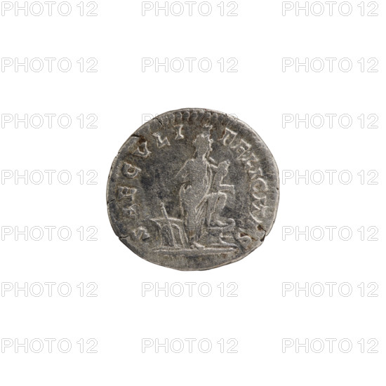 Denarius, Julia Domna (ca. 160–217; Roman empress 193–211), Roman Empire. Obverse: IVLIA AVGVSTA — bust of Julia facing right, pearl border. Reverse: SAECVLI FELICITAS — Isis standing right, holding the infant Horus in her right hand whom she feeds; her left leg rests on the prow of a ship; at her feet on the left an altar and a rudder, pearl border. Date: 198–209. Material: coin (Roman denarius). Diameter: 17.5–18.0 mm. Weight: 2.90 g.