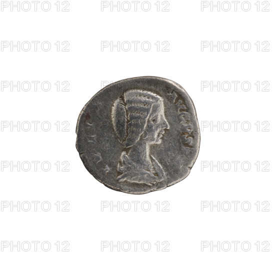 denarius, Julia Domna (ca. 160–217; Roman empress 193–211), Roman Empire; Julia Domna (Roman empress; 193–217) — iconography; Isis (mythology), Horus (mythology). Obv.: IVLIA AVGVSTA Bust of Julia facing right, pearl border. Rev.: SAECVLI FELICITAS Isis stands facing right, holding the infant Horus in her right hand as she feeds him, her left leg resting on the bow of a ship, a rudder at her left foot, pearl border. Date: 198–209. Culture: Roman Empire (27 BC–476). Object: coin (denarius). Diameter: 16.5–17.5 mm. Weight: 2.50 g.