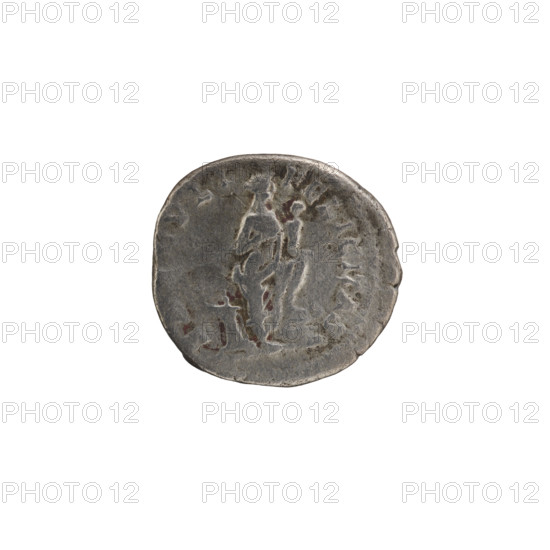 Denarius, Julia Domna (ca. 160–217; Roman empress 193–211), Roman Empire. Obv.: IVLIA AVGVSTA — bust of Julia facing right, pearl border. Rev.: SAECVLI FELICITAS — Isis stands facing right, holding the infant Horus in her right hand as she feeds him; her left leg rests on the bow of a ship, a rudder at her left foot, pearl border. Date: 198–209. Medium: coin. Dimensions: diameter 16.5–17.5 mm; weight 2.50 g.