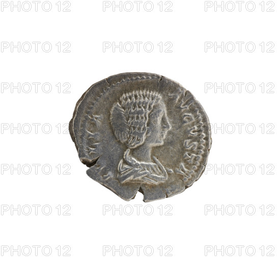 Denarius, Julia Domna (ca. 160–217; Roman empress 193–211), Roman Empire. Obverse: IVLIA AVGVSTA — bust of Julia facing right, pearl border. Reverse: SAECVLI FELICITAS — Isis stands facing right, holding the infant Horus whom she feeds, her left leg resting on the bow of a ship, a rudder at her left foot, pearl border. Date: 198–209. Material: coin. Diameter: 17.5–18.5 mm. Weight: 3.10 g.