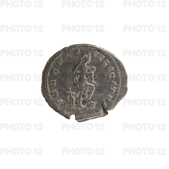 Denarius, Julia Domna (ca. 160–217; Roman empress 193–211), Roman Empire. Obverse: IVLIA AVGVSTA — bust of Julia facing right, pearl border. Reverse: SAECVLI FELICITAS — Isis stands facing right, holding the infant Horus in her right hand whom she feeds, her left leg resting on the bow of a ship, a rudder at her left foot, pearl border. Date: 198–209. Medium: coin. Dimensions: diameter 17.5–18.5 mm; weight 3.10 g.