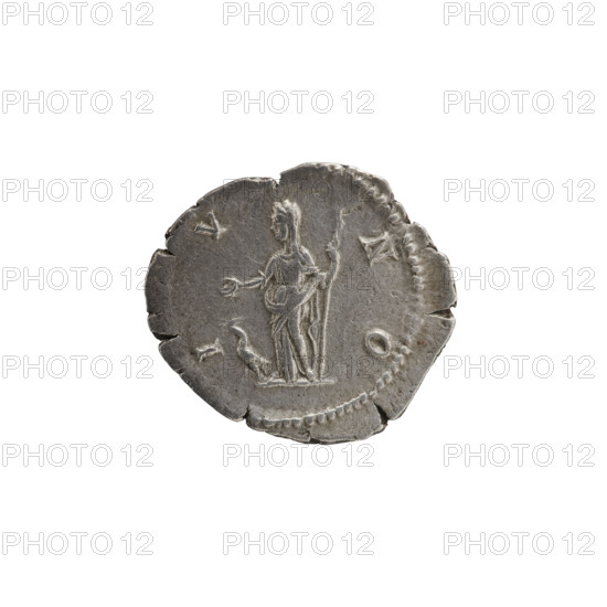 denarius, Julia Domna (ca. 160–217; Roman empress 193–211), Roman Empire; Julia Domna — iconography; Juno (mythology); Juno standing. Obv.: IVLIA AVGVSTA Bust of Julia facing right, pearl border. Rev.: IVNO Juno standing frontally with her head turned left, holding a patera in her right hand and a scepter in her left, a peacock at left, pearl rim. Date: 198–209. Place: Rome. Medium: coin (denarius). Diameter: 17.5–19.5 mm. Weight: 3.15 g.