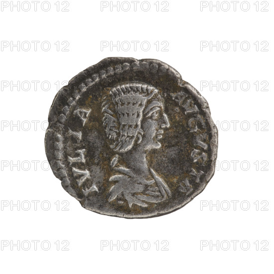 denarius, Julia Domna (ca. 160–217; Roman empress 193–211), Roman Empire; Julia Domna — iconography; Juno (mythology), Standing Juno. Obv.: 'IVLIA AVGVSTA' Bust of Julia Domna facing right, pearl border. Rev.: 'I V NO' Juno stands facing left, holding a patera in her outstretched right hand and a scepter in her left, a peacock to left facing left, pearl rim. Date: 198–209. Culture: Roman Empire (27 BC–476). Place: Rome. Object: coin (denarius). Diameter: 17.5–18.5 mm. Weight: 2.75 g.