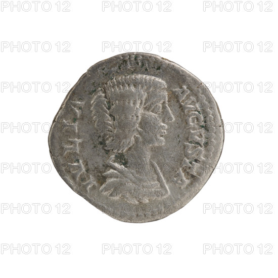 Denarius, Julia Domna (ca. 160–217; Roman empress 193–211). Obverse: IVLIA AVGVSTA — bust of Julia Domna facing right; pearl border. Reverse: IVNO — Juno standing turned left, holding a patera in her right outstretched hand and a scepter in her left; to left, a peacock facing left; pearl border. Date: 198–209. Roman Empire (27 BC–476), Rome. Coin. Diameter 17.0–17.5 mm; weight 2.65 g.