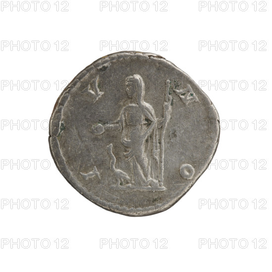 denarius, Julia Domna (ca. 160–217; Roman empress 193–211), Roman Empire; Standing Juno; Juno (mythology); Julia Domna — iconography. Obv.: IVLIA AVGVSTA — bust of Julia Domna facing right, pearl border. Rev.: IVNO — Juno standing turned left, holding a patera in her right outstretched hand and a scepter in her left, with a peacock to left, pearl border. Date: 198–209. Place: Rome. Object type: coin. Period: Roman Empire (27 BC–476). Diameter: 17.0–17.5 mm. Weight: 2.65 g.