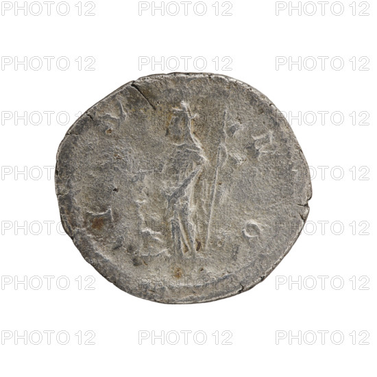denarius, Julia Domna (ca. 160–217; Roman empress 193–211), Roman Empire. Obv.: IVLIA AVGVSTA — bust of Julia Domna facing right, pearl border. Rev.: IVNO — Juno standing left, holding a patera in her right outstretched hand and a scepter in her left; to left, a peacock facing left, pearl border. 198–209 CE. Coin; dia. 17.5–19.5 mm; weight 2.50 g.