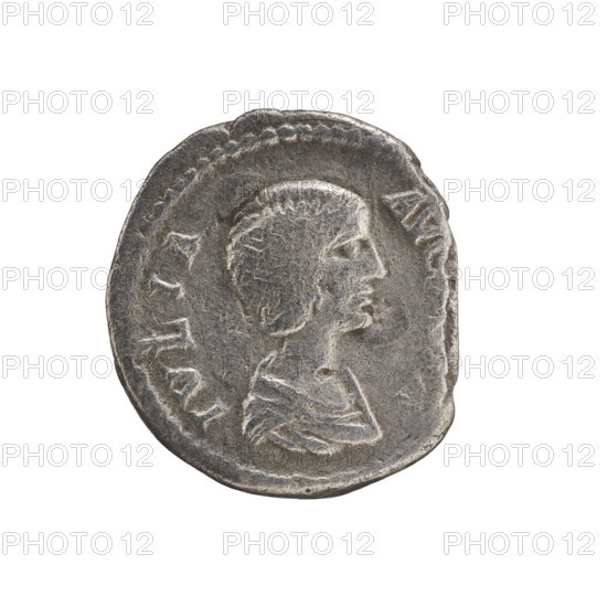 Denarius, Julia Domna (ca. 160–217; Roman empress 193–211). Obverse: IVLIA AVG, bust of Julia Domna facing right, pearl border. Reverse: VNO, Juno standing left, holding a patera in her right outstretched hand and a scepter in her left; peacock to left, pearl border. Date: 198–209. Roman Empire (27 BC–476), Rome. Coin: diameter 16.5–18.5 mm, weight 2.60 g.