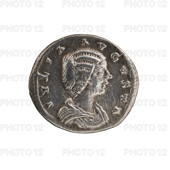Denarius of Julia Domna (ca. 160–217), Roman empress 193–211. Obverse: IVLIA AVGVSTA — bust of Julia Domna facing right, pearl border. Reverse: LAETIT — Laetitia standing left, holding a wreath in her outstretched right hand and a rudder in her left, pearl border. Dated 198–209. Rome; Roman Empire. Coin: diameter 16.5–18.0 mm, weight 3.24 g.