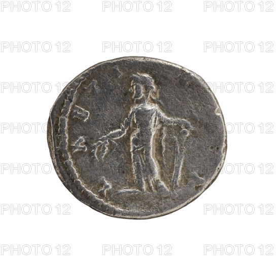 Denarius, Julia Domna (ca. 160–217; Roman empress 193–211). Obverse: IVLIA AVGVSTA, bust of Julia Domna facing right, pearl border. Reverse: LAETIT, Laetitia standing left, holding a wreath in her outstretched right hand and a rudder in her left, pearl border. Iconography: Laetitia (personification) standing with a wreath and cornucopia (iconographic). Date: 198–209. Roman Empire. Coin: diameter 16.5–18.0 mm, weight 3.24 g.