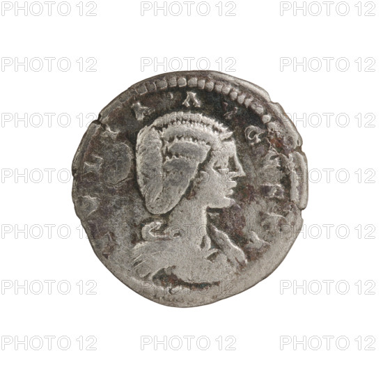 Denarius of Julia Domna (ca. 160–217; Roman Empress 193–211). Obverse: IVLIA AVGVSTA — bust of Julia Domna facing right, pearl border. Reverse: LAETITIA — Laetitia standing left, holding a wreath in her right outstretched hand and a rudder in her left, pearl border. Date: 198–209. Roman Empire (27 BC–476), Rome. Coin: diameter 18.0 mm, weight 3.14 g.
