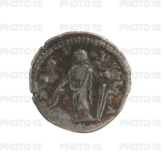 Denarius of Julia Domna (ca. 160–217), Roman Empire. Obverse: IVLIA AVGVSTA — bust of Julia Domna facing right, pearl border. Reverse: LAETITIA — Laetitia standing left, holding a wreath in her right outstretched hand and a rudder in her left, pearl border. Iconography: Julia Domna (Roman empress, 193–211), Laetitia personification; Laetitia standing with wreath and cornucopia/rudder (iconographic). Date: 198–209. Material: coin; diameter 18.0 mm, weight 3.14 g.