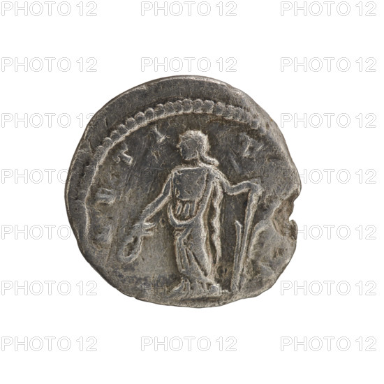 Denarius of Julia Domna (ca. 160–217), Roman Empire. Obverse: IVLIA AVGVSTA — bust of Julia Domna facing right, pearl border. Reverse: LAETIT — Laetitia standing left, holding a wreath in her outstretched right hand and a rudder in her left, pearl border. Date: 198–209. Material: Roman coin. Diameter: 17.0–17.5 mm. Weight: 2.78 g.