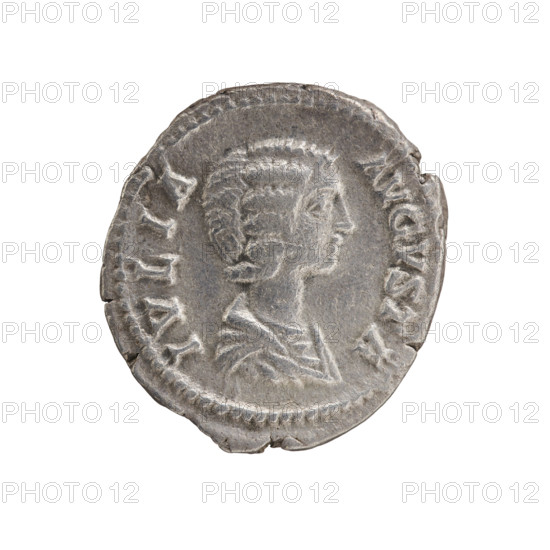 denarius, Julia Domna (ca. 160–217; Roman Empress 193–211), Roman Empire; Julia Domna — iconography; Pietas (personification) standing before an altar. Obv.: IVLIA AVGVSTA — bust of Julia Domna facing right, pearl border. Rev.: PIETAS AV GG — Pietas in a veil stands facing forward, head turned left; in her right outstretched hand she holds a patera over a burning altar, in her left hand a ciborium, pearl border. Date: 198–209. Place: Rome. Medium: coin. Diameter: 17.0–18.5 mm. Weight: 3.25 g.