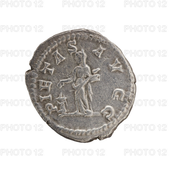 denarius of Julia Domna (ca. 160–217; Roman Empress 193–211). Obverse: IVLIA AVGVSTA — bust of Julia Domna facing right, pearl border. Reverse: PIETAS AV GG — Pietas in a veil stands facing forward, head turned left; in her right outstretched hand she holds a patera over a burning altar, in her left hand a ciborium, pearl border. Date: 198–209. Roman Empire (27 BC–476). Rome. Coin; diameters 17.0 mm and 18.5 mm; weight 3.25 g.
