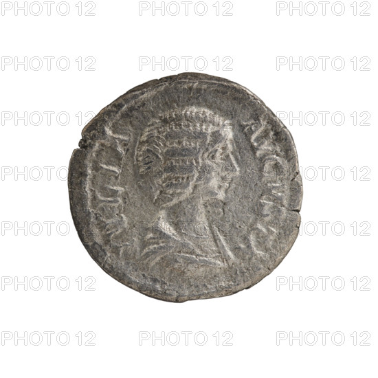 Denarius of Julia Domna (ca. 160–217; Roman empress 193–211). Obverse: IVLIA AVGVSTA — bust of Julia Domna facing right, pearl border. Reverse: PIETAS AVGG — veiled Pietas standing left, holding a patera in her right outstretched hand above a burning altar and a ciborium in her left, pearl border. Iconography: Pietas (personification), depicted seated with a patera, standing in front of an altar, and standing. Date: 198–209. Roman Empire (27 BC–476), Rome. Coin: diameter ca. 17.5–18.0 mm; weight 2.22 g.