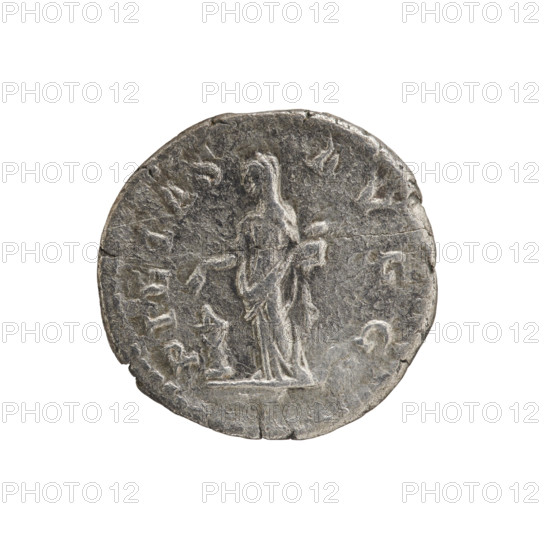 Denarius of Julia Domna (ca. 160–217; Roman empress 193–211). Obverse: IVLIA AVGVSTA — bust of Julia Domna facing right, pearl border. Reverse: PIETAS AVGG — veiled Pietas standing left, holding a patera in her right outstretched hand above a burning altar, a ciborium in her left, pearl border. Iconography: Pietas (personification) depicted seated with a patera, standing in front of an altar, and standing. Roman Empire, 198–209. Coin (Rome): silver denarius; diameter ~17.5–18.0 mm; weight 2.22 g.