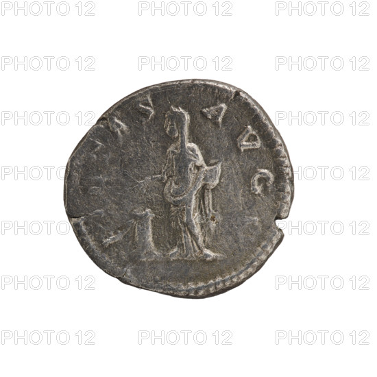 Denarius of Julia Domna (ca. 160–217; Roman empress 193–211), Roman Empire, 198–209. Obverse: IVLIA AVGVSTA — bust of Julia Domna facing right, pearl border. Reverse: PIETAS AVGG — veiled Pietas standing left, holding a patera in her outstretched right hand above a burning altar, a ciborium in her left, pearl border. Iconography: Pietas (personification) depicted seated with a patera, standing in front of an altar, and standing. Coin (Rome): diameter 16.5–17.5 mm, weight 2.70 g.