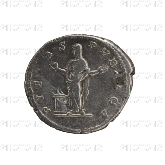 Denarius, Julia Domna (ca. 160–217; Roman empress 193–211). Obverse: IVLIA AVGVSTA — Bust of Julia Domna facing right, pearl border. Reverse: PIETAS PVBLICA — Pietas in a veil stands upright, head turned left, both hands raised in a gesture of prayer; at her feet a burning altar decorated with garlands, pearl border. Iconography: Julia Domna; Pietas (personification); Pietas standing before the altar. Date: 198–209. Roman Empire (27 BC–476). Rome. Coin; diameter 16.5–17.5 mm; weight 3.00 g.