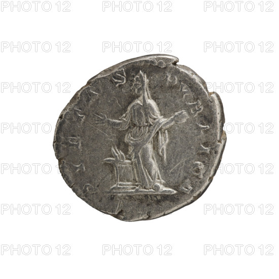 Denarius of Julia Domna (ca. 160–217; Roman Empress 193–211), Roman Empire. Obverse: IVLIA AVGVSTA — Bust of Julia Domna facing right, pearl rim. Reverse: PIETAS PVBLICA — Pietas in a veil stands straight ahead, head turned left, both hands raised in prayer; to her left at her feet a burning altar decorated with garlands, rim pearl. Date: 198–209. Material: coin. Place: Rome. Diameter: 17.5–19.0 mm. Weight: 2.65 g.