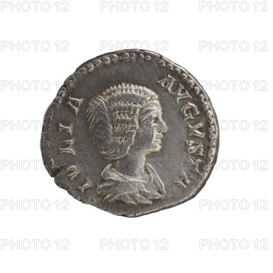 Denarius, Julia Domna (ca. 160–217; Roman empress 193–211). Obv.: IVLIA AVGVSTA — bust of Julia Domna facing right, pearl border. Rev.: PIETAS PVBLICA — Pietas in a veil stands upright, head turned left, both hands raised in a gesture of prayer; at her feet a burning altar decorated with garlands, pearl border. Date: 198–209. Roman Empire (27 BC–476). Rome. Coin: diameter 19.1 mm, weight 3.25 g.