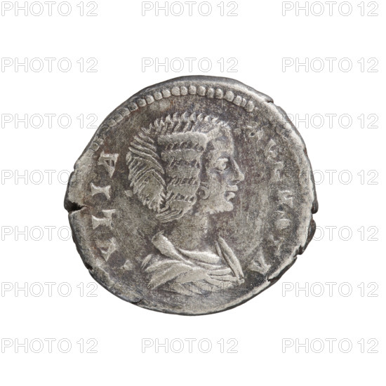 Denarius of Julia Domna (ca. 160–217; Roman Empress 193–211), Roman Empire, 198–209. Obverse: IVLIA AVGVSTA — bust of Julia Domna facing right, pearl rim. Reverse: PIETAS PVBLICA — Pietas in a veil stands facing forward, head turned left, both hands raised in prayer; at her feet a burning altar decorated with garlands, rim pearl. Coin: Rome; diameter 17.5–18.5 mm; weight 3.70 g.