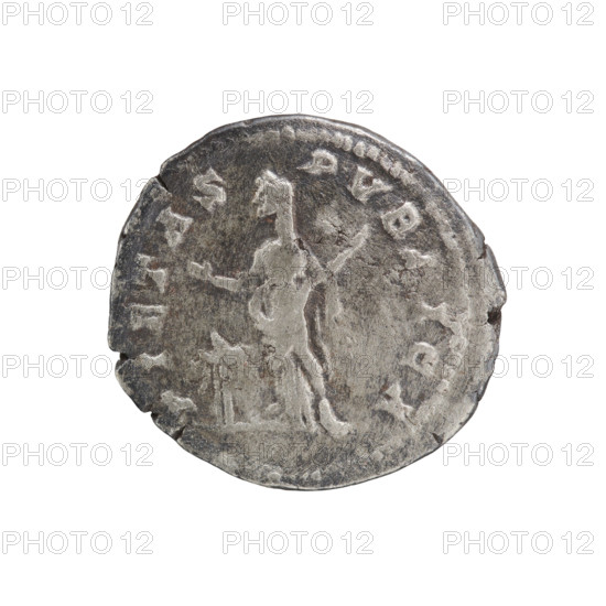 denarius, Julia Domna (ca. 160–217; Roman Empress 193–211), Roman Empire. Julia Domna (Roman Empress; 193–217) — iconography: Pietas (personification). Obv.: IVLIA AVGVSTA — Bust of Julia Domna facing right, pearl rim. Rev.: PIETAS PVBLICA — Pietas in a veil stands straight ahead, head turned left, both hands raised in prayer; at her feet a burning altar decorated with garlands, rim pearl. Date: 198–209. Rome. Coin. Diameter 17.5–18.5 mm, weight 3.70 g.