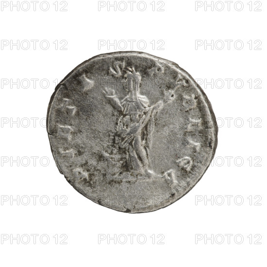 denarius, Julia Domna (ca. 160–217; Roman empress 193–211), Roman Empire — iconography: Pietas (personification). Obverse: IVLIA AVGVSTA, bust of Julia Domna facing right, pearl border. Reverse: PIETAS PVBLICA, veiled Pietas standing left, both hands raised in prayer; at her feet a burning altar decorated with garlands, pearl border. Date: 198–209. Rome. Coin (denarius): diameter 17.5–18.5 mm, weight 3.30 g.