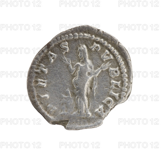 Denarius of Julia Domna (ca. 160–217; Roman Empress 193–211), Roman Empire. Obverse: IVLIA AVGVSTA — bust of Julia Domna facing right, pearl rim. Reverse: PIETAS PVBLICA — Pietas in a veil stands facing forward, head turned left, both hands raised in prayer; at her feet a burning altar decorated with garlands, pearl rim. Date ca. 198–209. Coin; Rome. Diameter 17.5–19.5 mm, weight 2.65 g.