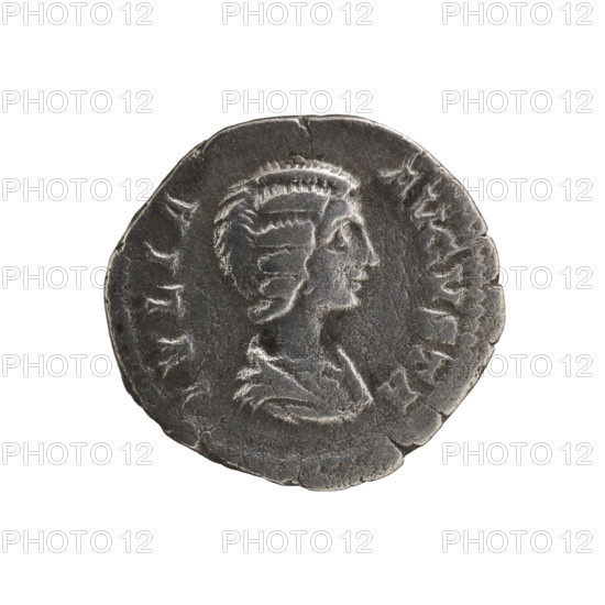 denarius, Julia Domna (ca. 160–217; Roman Empress 193–211), Roman Empire. Obv.: IVLIA AVGVSTA — bust of Julia Domna facing right, pearl rim. Rev.: PIETAS PVBLICA — Pietas in a veil stands straight ahead, head turned left, both hands raised in prayer; at her feet a burning altar decorated with garlands, pearl rim. Date: 198–209. Material: coin (Roman). Place: Rome. Diameter: 18.0–18.5 mm. Weight: 2.85 g.