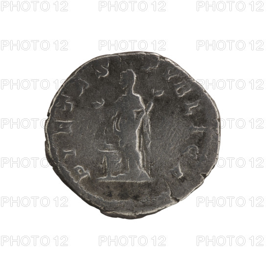 denarius, Julia Domna (ca. 160–217; Roman Empress 193–211), Roman Empire; Julia Domna – iconography; Pietas (personification) standing before an altar. Obv.: IVLIA AVGVSTA, bust of Julia Domna facing right, pearl rim. Rev.: PIETAS PVBLICA, Pietas in a veil stands straight ahead, head turned left, both hands raised in prayer; at her feet a burning altar decorated with garlands, rim pearl. Date: 198–209. Rome, coin; diameter 18.0–18.5 mm; weight 2.85 g.