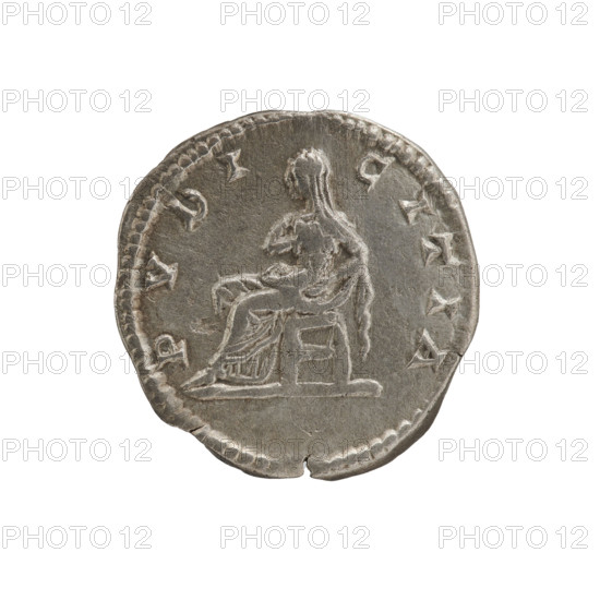 denarius, Julia Domna (ca. 160–217; Roman empress 193–211), Roman Empire; Julia Domna — iconography; Pudicitia (personification), Pudicitia seated. Obv.: IVLIA AVGVSTA Bust of Julia Domna facing right, pearl border. Rev.: PVDICITIA Pudicitia in a long robe and veil sitting facing left, right hand on the chest, left hand on the back of the chair, pearl border. Date: 198–209, Rome, Roman Empire (27 BC–476). Coin; diameter 17.0–17.5 mm; weight 3.20 g.