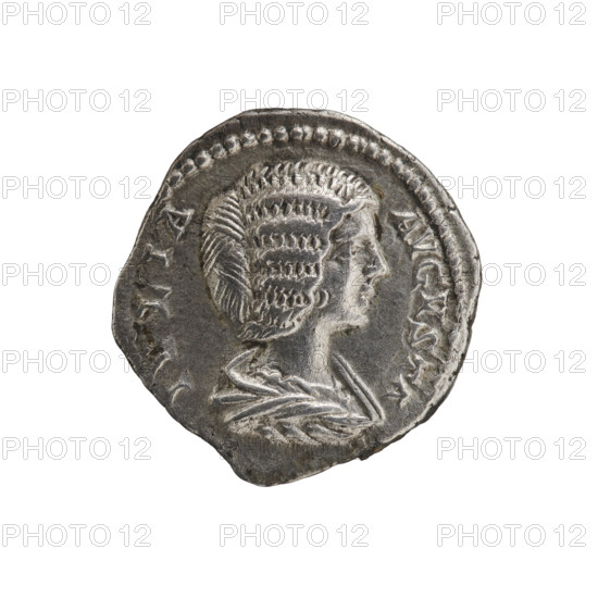 denarius, Julia Domna (ca. 160–217; Roman empress 193–211), Roman Empire, Julia Domna (Roman empress; 193–217) — iconography, Pudicitia (personification), Pudicitia seated. Obv.: IVLIA AVGVSTA Bust of Julia Domna facing right, pearl border. Rev.: PVDICITIA Pudicitia in a long robe and veil sitting facing left, right hand on chest, left hand on back of chair, pearl border. Date: 198–209. Culture: Roman Empire (27 BC–476). Place: Rome. Object: coin (denarius). Diameter: 17.5–18.0 mm. Weight: 3.52 g.