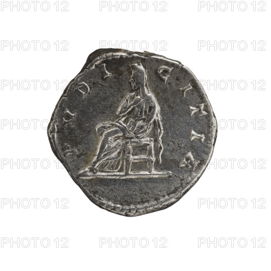 denarius, Julia Domna (ca. 160–217; Roman empress 193–211), Roman Empire; Julia Domna — iconography; Pudicitia (personification), Pudicitia seated. Obv.: IVLIA AVGVSTA — bust of Julia Domna facing right, pearl border. Rev.: PVDICITIA — Pudicitia in a long robe and veil sitting facing left, right hand on chest, left hand on back of chair, pearl border. Date: 198–209. Place: Rome. Medium: coin. Diameter: 17.5–18.0 mm. Weight: 3.52 g.