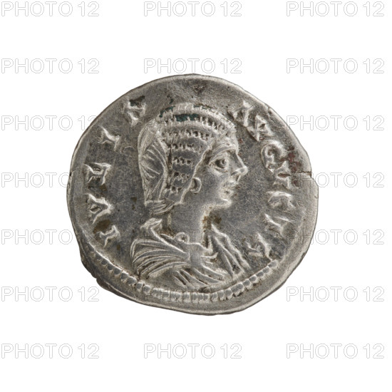 Denarius of Julia Domna (ca. 160–217), Roman empress (193–211). Obverse: IVLIA AVGVSTA — bust of Julia Domna facing right, pearl border. Reverse: PVDICITIA — Pudicitia (personification) seated left in a long robe and veil, right hand on her breast, left hand on the back of a chair, pearl border. Date: 198–209. Roman Empire. Coin; diameter 17.5–18.0 mm; weight 3.32 g.