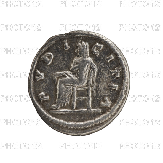 Denarius, Julia Domna (ca. 160–217; Roman empress 193–211). Roman Empire, 198–209. Obverse: IVLIA AVGVSTA — bust of Julia Domna facing right, pearl border. Reverse: PVDICITIA — Pudicitia (personification) seated left in a long robe and veil, right hand on her breast, left hand on the back of a chair, pearl border. Coin; diameter 17.5–18.5 mm; weight 3.13 g.