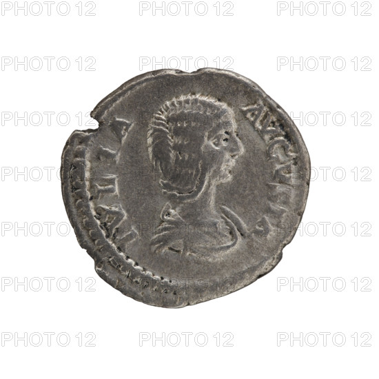 Denarius, Julia Domna (ca. 160–217; Roman empress 193–211). Obverse: IVLIA AVGVSTA — Bust of Julia Domna facing right, pearl border. Reverse: PVDICITIA — Pudicitia (personification) seated; in a long robe and veil, sitting left, right hand on her breast, left hand on the back of a chair holding a long scepter, pearl border. Date: 198–209. Roman Empire. Rome. Coin. Diameter: 18.0–19.0 mm. Weight: 2.60 g.