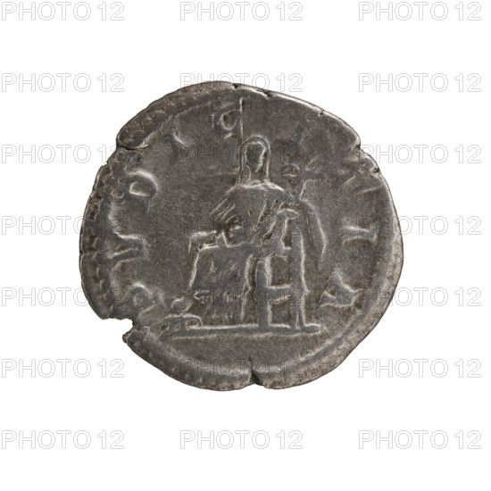 Denarius, Julia Domna (ca. 160–217), Roman empress (193–211). Obverse: IVLIA AVGVSTA — bust of Julia Domna facing right, pearl border. Reverse: PVDICITIA — Pudicitia seated left in a long robe and veil, right hand on her breast, left hand on chair back holding a long scepter, pearl border. Date: 198–209. Roman Empire. Rome. Coin. Diameter: 18.0–19.0 mm. Weight: 2.60 g.