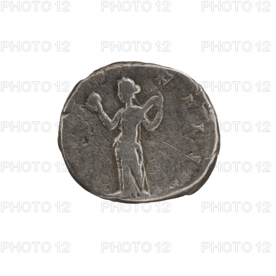 denarius, Julia Domna (ca. 160–217; Roman empress 193–211), Roman Empire; Julia Domna — iconography; Venus (mythology). Obv.: IVLIA AVGVSTA, bust of Julia Domna facing right, pearl border. Rev.: FELIX, Venus standing turned left, holding an apple in her right outstretched hand, unwinding the folds of her robe with her left hand, pearl border. Date: 198–209. Place: Rome. Object type: coin. Diameter: 16.5 mm and 19.5 mm. Weight: 2.75 g.