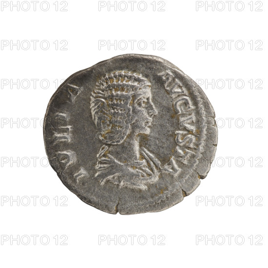 denarius, Julia Domna (ca. 160–217; Roman empress 193–211), Roman Empire. Obv.: IVLIA AVGVSTA — Bust of Julia Domna facing right, pearl border. Rev.: VENVSVIC TRIX — Nude Venus standing straight ahead, head turned left, holding a helmet in her right hand, palm leaf in her left hand, leaning her elbow on a column; at her feet a shield, pearl border. Date: 198–209. Place: Rome. Coin. Diameter: 17.0–18.5 mm. Weight: 2.00 g.