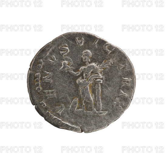 Denarius, Julia Domna (ca. 160–217; Roman empress 193–211). Obv.: IVLIA AVGVSTA — Bust of Julia Domna facing right, pearl border. Rev.: VENVSVIC TRIX — Nude Venus standing facing forward, head turned left, holding a helmet in her right hand, a palm leaf in her left, leaning her elbow on a column; at her feet a shield, pearl border. Date: 198–209. Roman Empire (27 BC–476), Rome. Coin; diameter 17.0–18.5 mm, weight 2.00 g.